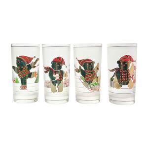 1960s Culver 4 Christmas Holiday Teddy Bear Highball Tumbler Glasses 5 1/2” 12oz